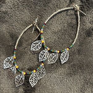 Boho Gold tone Leaf Hoop Earrings with Multicolor Beads